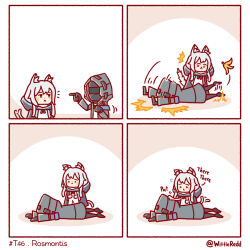 1girl 1other :&lt; ambiguous_gender animal_ear_fluff animal_ears arknights artist_name banana_peel cat_ears cat_girl cat_tail commentary doctor_(arknights) english_commentary falling green_eyes grey_hair highres on_ground rosmontis_(arknights) slipping tail tail_wagging twitter_username wittle_red