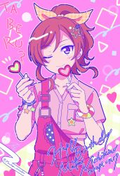 Rule 34 | 1girl, birthday, blush, bracelet, candy, character name, collarbone, commentary, english text, food, happy birthday, heart, heart-shaped lollipop, high ponytail, highres, holding, holding candy, holding food, holding lollipop, jewelry, lollipop, love live!, love live! school idol project, medium hair, nishikino maki, one eye closed, pink background, ponytail, purple eyes, red hair, ric. (marchen mozuku), shaped lollipop, smile, solo, suspenders, twitter username, upper body