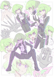 Rule 34 | 1boy, absurdres, belt, black gloves, black jacket, blonde hair, blush, ascot, earrings, fire, gloves, green hair, half gloves, highres, jacket, jewelry, lio fotia, looking at viewer, male focus, open mouth, promare, purple eyes, rice (rice8p), short hair, simple background, smile, solo, white background