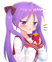 Rule 34 | 1girl, black bow, blue eyes, blush, bow, commentary, eating, food, food on face, frown, glaring, hair bow, half-closed eyes, hiiragi kagami, holding, kemu (guruguru dan), long hair, long sleeves, looking at viewer, lucky star, neckerchief, notice lines, open mouth, purple hair, red sailor collar, ryouou school uniform, sailor collar, school uniform, serafuku, simple background, solo, sweet potato, twintails, upper body, white background
