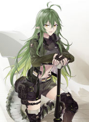 Rule 34 | 1girl, absurdres, ahoge, arknights, belt, black gloves, black tank top, boots, camouflage, camouflage jacket, camouflage shorts, gavial (arknights), gavial (combat medic) (arknights), gloves, green hair, highres, holster, jacket, long hair, looking at viewer, navel, official alternate costume, open mouth, partially fingerless gloves, pointy ears, shorts, solo, standing, standing on one leg, suprii, tail, tank top, uniform, yellow eyes