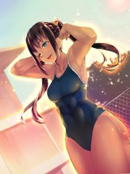 Rule 34 | 1girl, abs, armpits, arms up, ass, black hair, blue eyes, blue one-piece swimsuit, blurry, blush, bonkiru, breasts, collarbone, covered navel, depth of field, dutch angle, glowing, hand in own hair, highres, large breasts, light particles, long hair, one-piece swimsuit, one eye closed, open mouth, original, outdoors, pool, school swimsuit, sidelocks, smile, solo, sunset, swimsuit, teeth, thighs, toned, twintails, wading