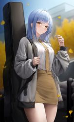 Rule 34 | 1girl, absurdres, autumn leaves, blue hair, blush, breasts, brown eyes, collared shirt, commentary, cowboy shot, earphones, english commentary, falling leaves, guitar case, hand up, high-waist skirt, highres, holding, instrument case, instrument on back, jacket, leaf, long hair, long sleeves, looking at viewer, medium breasts, necktie, original, outdoors, pencil skirt, puffy long sleeves, puffy sleeves, shirt, shirt tucked in, sidelocks, skirt, solo, standing, thighs, torrentduck, white jacket, white shirt, yellow necktie, yellow skirt