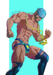Rule 34 | 1boy, abs, absurdres, archie (pokemon), bandana, bara, beard, blue bandana, commentary request, creatures (company), dark-skinned male, dark skin, evinist, facial hair, game freak, highres, large pectorals, male focus, mature male, muscular, muscular male, navel, nintendo, nipples, pectorals, pokemon, pokemon oras, smile, solo, stomach, team aqua, topless male