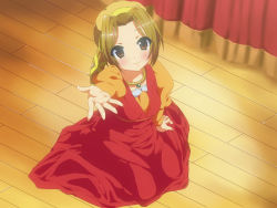 Rule 34 | 1girl, alternate costume, alternate hairstyle, bad id, bad pixiv id, brown eyes, brown hair, cosplay, curtains, dress, face, girock, hair ribbon, hat, highres, jewelry, juliet capulet, juliet capulet (cosplay), k-on!, looking at viewer, necklace, ribbon, romeo and juliet, simple background, sitting, solo, stage, tainaka ritsu