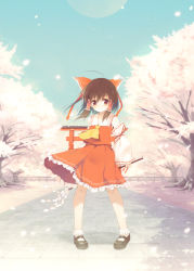 Rule 34 | 1girl, ascot, blue sky, bow, brown eyes, brown hair, cherry blossoms, chinchickrin, day, detached sleeves, female focus, gohei, hair bow, hair tubes, hakurei reimu, japanese clothes, mary janes, miko, oonusa, petals, pigeon-toed, shirt, shoes, skirt, skirt set, sky, smile, solo, tile floor, tiles, torii, touhou, tree