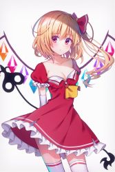 Rule 34 | 1girl, adapted costume, arms behind back, ascot, bad id, bad twitter id, blonde hair, blush, breasts, brooch, cleavage, collarbone, commentary request, cowboy shot, crystal, dress, elbow gloves, flandre scarlet, gloves, grey background, hair between eyes, hair ribbon, jewelry, koto seori, laevatein, looking at viewer, medium breasts, no headwear, one-hour drawing challenge, one side up, petticoat, puffy short sleeves, puffy sleeves, red dress, red eyes, red ribbon, ribbon, short dress, short hair, short sleeves, simple background, solo, standing, thighhighs, thighs, touhou, white gloves, white thighhighs, wings, yellow ascot, zettai ryouiki