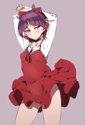 Rule 34 | 1girl, absurdres, arms up, blush, bow, breasts, choker, closed mouth, commentary request, covered erect nipples, dress, gegege no kitarou, gluteal fold, hair bow, highres, long sleeves, looking at viewer, nekomusume, nekomusume (gegege no kitarou 6), niko (tama), pointy ears, purple background, purple hair, red bow, red choker, red dress, shiny skin, shirt, short hair, simple background, small breasts, solo, white shirt, yellow eyes