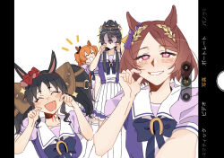 4girls ^_^ animal_ears black_hair blush bow bowtie breasts brown_hair cheek_pull closed_eyes faceless faceless_female fake_phone_screenshot fake_screenshot fang grin hair_ornament highres horse_ears long_hair looking_at_viewer marvelous_sunday_(umamusume) mayano_top_gun_(umamusume) medium_breasts multiple_girls narita_brian_(umamusume) notice_lines open_mouth orange_hair pink_eyes ponytail purple_shirt reaching reaching_towards_viewer sailor_collar sakura_laurel_(umamusume) school_uniform selfie shaded_face shirt short_hair short_sleeves skin_fang skirt small_breasts smile sparkle standing taking_picture thighhighs tracen_school_uniform tsukiinu_(1174943116) twintails umamusume viewfinder white_skirt white_thighhighs