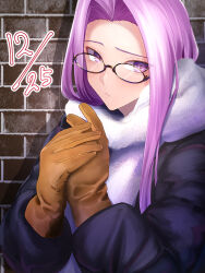 Rule 34 | 1girl, alternate costume, black-framed eyewear, black coat, blush, brick wall, brown gloves, closed mouth, coat, commentary, dated, fate/stay night, fate (series), forehead, fur-trimmed scarf, fur trim, glasses, gloves, hair intakes, long hair, long sleeves, looking at viewer, medusa (fate), medusa (rider) (fate), minami koyogi, own hands together, pink hair, purple eyes, scarf, solo, square pupils, wall, white scarf, winter clothes, winter coat