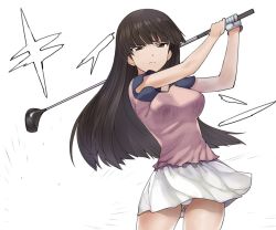 Rule 34 | &gt;:(, 10s, 1girl, a1 (initial-g), breasts, brown hair, closed mouth, commentary request, cowboy shot, frown, girls und panzer, gloves, gluteal fold, golf club, holding, large breasts, long hair, looking away, nishizumi shiho, panties, pantyshot, pink shirt, shirt, short sleeves, single glove, skirt, solo, standing, swinging, tsurime, underwear, v-shaped eyebrows, white background, white gloves, white panties, white skirt