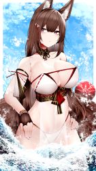 Rule 34 | 1girl, absurdres, amagi (azur lane), amagi (wending waters serene lotus) (azur lane), animal ear fluff, animal ears, azur lane, bare shoulders, bikini, blush, breasts, brown gloves, brown hair, brown tail, choker, cleavage, cowboy shot, fingerless gloves, fox tail, gloves, hair between eyes, hair ornament, hands on own hips, highres, large breasts, long hair, looking at viewer, navel, partially submerged, purple eyes, samip, solo, stomach, swimsuit, tail, wading, water, wet