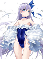 Rule 34 | 1girl, bare shoulders, blue eyes, blue one-piece swimsuit, blue ribbon, blush, breasts, choker, closed mouth, collarbone, fate/grand order, fate (series), frilled swimsuit, frills, ginklaga, hair between eyes, hair ribbon, hands on own hips, highleg, highleg swimsuit, long hair, long sleeves, looking at viewer, meltryllis, meltryllis (fate), meltryllis (swimsuit lancer) (fate), meltryllis (swimsuit lancer) (second ascension) (fate), one-piece swimsuit, puffy sleeves, purple hair, ribbon, sleeves past fingers, sleeves past wrists, small breasts, smile, solo, swimsuit, thighs, very long hair, water drop, wet, white background