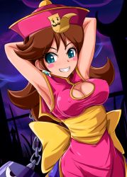 Rule 34 | 1girl, armpits, arms up, blue eyes, blush stickers, bow, breasts, brown hair, capcom, chinese clothes, cleavage, cleavage cutout, clothing cutout, cosplay, earrings, female focus, hat, jewelry, lei lei, lei lei (cosplay), looking at viewer, luigi, mario (series), nintendo, ofuda, parted bangs, pink hat, princess daisy, purple sky, qingdai guanmao, sigurd hosenfeld, sky, smile, solo, super mario bros. 1, super mario land, tomboy, vampire (game), waist bow