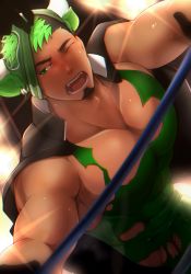 Rule 34 | 1boy, abs, absurdres, bara, black hair, blurry, blush, bodysuit, covered abs, crotch grab, crow (siranui), dark skin, facial hair, goatee, green eyes, groping, highres, ikusaba daisuke, jacket, jacket on shoulders, large pectorals, looking at viewer, male focus, mask, unworn mask, multicolored hair, muscular, muscular male, pectoral cleavage, pectorals, penis, penis peek, removing mask, simple background, skin tight, solo focus, taurus mask, tearing up, tight clothes, tokyo houkago summoners, torn bodysuit, torn clothes, upper body, wrestling outfit