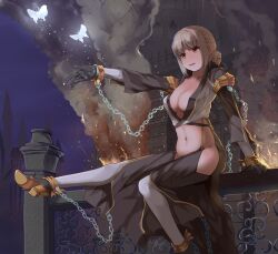 Rule 34 | 1girl, black gloves, blonde hair, braid, breasts, bug, butterfly, chain, cleavage, gloves, hair bun, insect, kathryne keyron, leg up, medium breasts, navel, open mouth, outstretched arm, ragnarok online, red eyes, sail (sail-away), short hair, sitting, smoke, solo, thighhighs, warlock (ragnarok online), white thighhighs