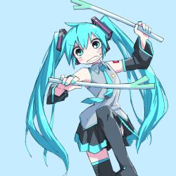 Rule 34 | 1girl, aqua eyes, aqua hair, aqua nails, aqua necktie, bare shoulders, black footwear, black skirt, black sleeves, blue background, blush stickers, boots, clenched teeth, collared shirt, detached sleeves, dual wielding, food, grey shirt, hand up, hatsune miku, headphones, highres, holding, holding food, holding spring onion, holding vegetable, leg up, long hair, long sleeves, looking at viewer, nail polish, necktie, shirt, shoulder tattoo, simple background, sketch, skirt, sleeveless, sleeveless shirt, solo, spring onion, sweatdrop, tattoo, teeth, thigh boots, thighhighs, twintails, v-shaped eyebrows, vegetable, very long hair, vocaloid, yachima tana