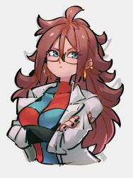 Rule 34 | 1girl, android 21, black nails, blue eyes, breasts, checkered clothes, checkered dress, closed mouth, commentary, crossed arms, dragon ball, dragon ball fighterz, dress, earrings, fingernails, glasses, grey background, hoop earrings, jewelry, kemachiku, lab coat, long hair, looking to the side, medium breasts, nail polish, red hair, red ribbon army, simple background, solo, symbol-only commentary, upper body
