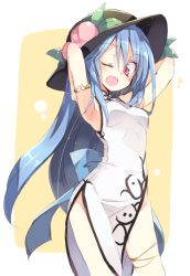 Rule 34 | 1girl, alternate costume, armpits, arms up, bad id, bad twitter id, bare legs, blue hair, blush, china dress, chinese clothes, dress, food, fruit, hat, hinanawi tenshi, long hair, one eye closed, open mouth, peach, red eyes, ribbon, satou kibi, sleeveless, smile, solo, touhou, turtleneck, yellow background