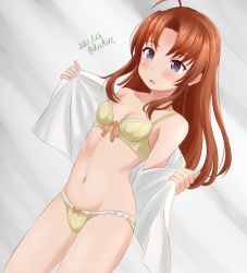 Rule 34 | 1girl, ahoge, alternate hairstyle, ame-san, bra, breasts, brown hair, collarbone, commentary request, contrapposto, cowboy shot, dress shirt, dutch angle, grey eyes, hair down, highres, kagerou (kancolle), kantai collection, long hair, open clothes, panties, shirt, short sleeves, small breasts, solo, standing, underwear, white shirt, yellow bra, yellow panties