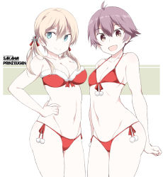 Rule 34 | 2girls, alternate costume, anchor hair ornament, aqua eyes, bare arms, bare shoulders, bikini, blonde hair, breasts, brown eyes, character name, christmas, collarbone, commentary request, fur trim, hair ornament, halterneck, kantai collection, looking at viewer, multiple girls, navel, open mouth, prinz eugen (kancolle), red bikini, sakawa (kancolle), santa bikini, santa costume, shigino sohuzi, short hair, side-tie bikini bottom, smile, stomach, string bikini, striped, striped background, swimsuit, twintails