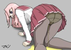 Rule 34 | 00s, 1girl, all fours, ass, cameltoe, crotch, from behind, glasses, grey background, long hair, lucky star, panties, panties under pantyhose, pantyhose, pantyshot, pee, peeing, pink hair, pleated skirt, purple eyes, school uniform, signature, simple background, skirt, solo, takara miyuki, underwear, upskirt