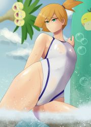 Rule 34 | 1girl, absurdres, alolan exeggutor, alolan form, arrouizzz, asymmetrical hair, breasts, creatures (company), full body, game freak, gen 1 pokemon, gen 7 pokemon, green eyes, gym leader, highres, looking at viewer, misty (pokemon), nintendo, ocean, one-piece swimsuit, orange hair, pokemon, pokemon hgss, pokemon rgby, ponytail, psyduck, short hair, short ponytail, side ponytail, small breasts, solo, spread legs, surfboard, swimsuit, thighs, water, wet, white one-piece swimsuit