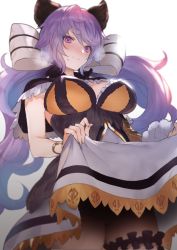 Rule 34 | 1girl, black capelet, blurry, blush, breasts, bridal garter, capelet, closed mouth, clothes lift, commentary request, cowboy shot, depth of field, doushite, dress, dress lift, frilled legwear, frills, from below, futanari, granblue fantasy, hair ribbon, heavy breathing, large breasts, lifted by self, light purple hair, long hair, looking at viewer, low twintails, penis, purple eyes, ribbon, satyr (granblue fantasy), silhouette, solo, thigh strap, thighs, twintails, very long hair, wavy hair