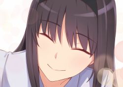 Rule 34 | 1girl, ^ ^, absurdres, black hair, black hairband, close-up, closed eyes, closed mouth, commentary request, hairband, head tilt, highres, kuro chibe, leaning forward, pink background, portrait, shirt, sidelocks, smile, solo, tohno akiha, tsukihime, tsukihime (remake), white shirt