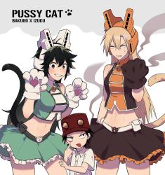 Rule 34 | 10s, 1boy, 2girls, akanbe, alternate costume, amedan, anger vein, angry, animal hands, bad id, bad twitter id, bakugou katsuki, bell, belt, blush, boku no hero academia, breasts, cat paws, cat tail, character name, character request, choker, commentary request, english text, eyelid pull, freckles, genderswap, genderswap (mtf), green hair, hat, highres, medium breasts, midoriya izuku, midriff, multiple girls, neck bell, skirt, sleeveless, smile, smoke, spiked hair, tail, toned, tongue, tongue out