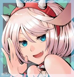 Rule 34 | bare shoulders, blue eyes, clover, collar, dated, elphelt valentine, fang, four-leaf clover, guilty gear, guilty gear strive, hairband, mariebell, pink collar, pink hair, pink hairband, portrait, short hair, signature, smug, spiked collar, spiked hairband, spikes