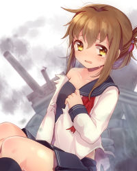 Rule 34 | 10s, 1girl, bad id, bad pixiv id, blush, brown hair, damaged, half updo, inazuma (kancolle), kanda done, kantai collection, looking at viewer, machinery, messy hair, open mouth, sitting, smoke, solo, tears, torn clothes, turret, yellow eyes