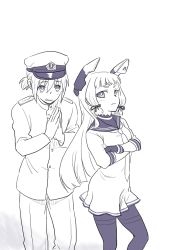Rule 34 | 10s, 1boy, 1girl, admiral (kancolle), crossed arms, dress, gloves, hair ribbon, own hands clasped, hat, headgear, highres, kantai collection, long hair, long sleeves, military, military hat, military uniform, monochrome, murakumo (kancolle), necktie, own hands together, pants, pantyhose, r-king, ribbon, sailor collar, sailor dress, short eyebrows, short ponytail, tress ribbon, uniform