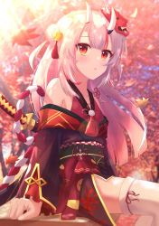 Rule 34 | 1girl, armpit crease, autumn leaves, bare shoulders, bell, black kimono, breasts, collarbone, commentary request, cowboy shot, frilled sleeves, frills, gold trim, gradient hair, grey hair, hair bell, hair bun, hair ornament, highres, hololive, horns, iruto, japanese clothes, jingle bell, kimono, leaf, long hair, long sleeves, maple leaf, mask, multicolored hair, nakiri ayame, nakiri ayame (1st costume), off shoulder, oni, oni mask, open mouth, parted lips, red eyes, red hair, shiny clothes, shiny skin, short kimono, sitting, skin-covered horns, small breasts, solo, streaked hair, tassel, tassel hair ornament, thighhighs, triangle mouth, virtual youtuber, white hair, white thighhighs, wide sleeves