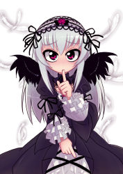 Rule 34 | 00s, blush, dress, feathers, finger to mouth, frills, gentosha, hairband, long hair, purple eyes, rozen maiden, shushing, silver hair, simple background, solo, suigintou, torotei, wings