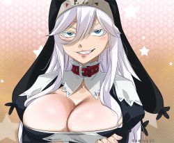 Rule 34 | 1girl, blue eyes, breasts, cleavage, colorized, eden&#039;s zero, gaston18, highres, large breasts, long hair, looking at viewer, mashima hiro, nun, sister ivry, smile, white hair