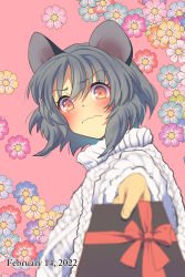 Rule 34 | 1girl, 2022, alternate costume, animal ears, arm up, blue flower, blush, bow, box, closed mouth, commentary request, english text, eyes visible through hair, floral background, flower, green flower, grey hair, hair between eyes, hand up, highres, long sleeves, looking at viewer, mouse ears, nayozane (worker7), nazrin, orange eyes, pink background, pink flower, puffy long sleeves, puffy sleeves, purple flower, red bow, red flower, short hair, solo, sweater, touhou, white flower, white sweater, yellow flower