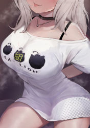 Rule 34 | 1girl, animal ears, black bra, black choker, blush, bra, bra visible through clothes, breasts, choker, clothes pull, clothes writing, gao, grey hair, head out of frame, hololive, jewelry, large breasts, lion ears, lion girl, lion tail, meme, mochitsuki karen, off-shoulder shirt, off shoulder, official alternate costume, pajamas challenge (meme), panties, pendant, pussy juice, shirt, shirt pull, shishiro botan, solo, steam, tail, teasing, thick thighs, thighs, tongue, tongue out, underwear, virtual youtuber, white shirt, wide hips