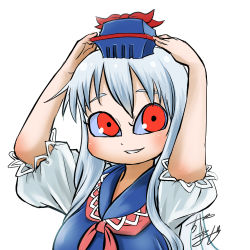 Rule 34 | 1girl, arms up, profile picture, blue hair, blue sclera, chamaji, check commentary, close-up, colored sclera, commentary request, hair between eyes, hands on headwear, hat, hat ribbon, kamishirasawa keine, long hair, looking at viewer, lowres, neckerchief, puffy short sleeves, puffy sleeves, red eyes, red neckerchief, ribbon, short sleeves, signature, simple background, smile, solo, touhou, upper body, white background