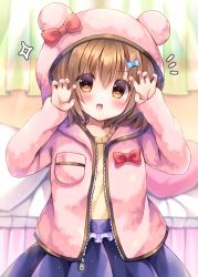 Rule 34 | 1girl, :d, animal ears, animal hood, arm up, bear ears, bear hood, bed, blue bow, blue skirt, blurry, blurry background, blush, bow, brown eyes, brown hair, brown shirt, claw pose, commentary request, curtains, depth of field, fake animal ears, fang, hair between eyes, hair bow, hand up, highres, hood, hood up, hooded jacket, indoors, jacket, kouta., long sleeves, looking at viewer, notice lines, open mouth, original, pillow, pink jacket, pleated skirt, red bow, shirt, skirt, sleeves past wrists, smile, solo, sparkle