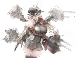 Rule 34 | 10s, 1girl, bismarck (kancolle), blonde hair, blush, breasts, detached sleeves, gloves, grey thighhighs, hat, kantai collection, long hair, looking at viewer, military, military hat, military uniform, nishieda, no pants, panties, peaked cap, red gloves, solo, swastika, thighhighs, underwear, uniform