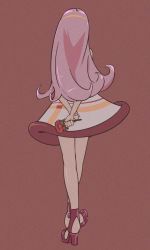 Rule 34 | 1girl, anemone (eureka seven), arms behind back, brown background, commentary request, dress, eureka seven (series), facing away, flower, from behind, high heels, highres, holding, holding flower, long hair, pink hair, red flower, red footwear, shoes, simple background, sirataki umauma, solo, standing, very long hair, white dress