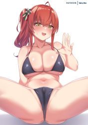 Rule 34 | 1girl, ahoge, ass, azur lane, bikini, bikini pull, black bikini, blush, breasts, cleavage, clothes pull, collarbone, commentary request, hair between eyes, hair ornament, head tilt, large breasts, long hair, looking at viewer, navel, o-ring, o-ring bikini, open mouth, orange eyes, partially visible vulva, pulling own clothes, red hair, shiny skin, side ponytail, sidelocks, simple background, smile, solo, spicy moo, spread legs, sweat, swimsuit, white background, zara (azur lane), zara (poolside coincidence) (azur lane)