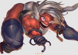 Rule 34 | 1girl, absurdres, amputee, angry, animal ears, artist name, bare shoulders, biceps, blood, boku no hero academia, breasts, clothing cutout, crescent print, dark-skinned female, dark skin, foot out of frame, hair blowing, highres, hunched over, ibuo (ibukht1015), large breasts, leotard, long eyelashes, looking at viewer, midair, mirko, muscular, muscular female, open mouth, rabbit ears, rabbit girl, rabbit tail, red eyes, rope, serious, short hair, simple background, sleeveless turtleneck leotard, solo, spoilers, sweat, tail, tail through clothes, taut leotard, teeth, thick thighs, thighs, toned, tourniquet, triple amputee, v-shaped eyebrows, white background, white hair, white leotard