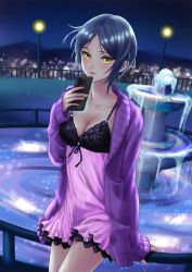 Rule 34 | 1girl, blue hair, blush, breasts, cellphone, cleavage, collarbone, commentary request, fountain, hayami kanade, highres, holding, holding phone, idolmaster, idolmaster cinderella girls, idolmaster cinderella girls starlight stage, jacket, light blush, lingerie, looking at viewer, medium breasts, night, nightgown, open clothes, open jacket, phone, pleiades (sting7712), purple jacket, railing, short hair, smartphone, solo, underwear, yellow eyes