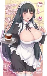 Rule 34 | 1girl, absurdres, apron, black hair, blunt bangs, blush, breasts, cake, character name, cleavage, closed eyes, coffee pot, covered navel, cup, dated, drink, drinking glass, food, frilled apron, frills, happy birthday, heart, highres, hime cut, holding, holding tray, kaguya jingu, large breasts, long hair, maid, maid apron, maid headdress, official alternate costume, open mouth, pancake, pancake stack, plate, solo, soukitsu, spoken heart, tray, under night in-birth, under night in-birth 2 sys:celes, very long hair, white apron