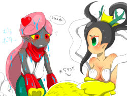 Rule 34 | 10s, 1boy, 1girl, artist request, black hair, breasts, colored sclera, green eyes, mermaid, monster girl, motemakuru, pointy ears, red eyes, translation request, yellow sclera, youkai watch