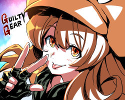 Rule 34 | 1girl, brown eyes, brown hair, fingerless gloves, gloves, guilty gear, hat, long hair, looking at viewer, may (guilty gear), orange hat, smile, solo, tongue, tongue out, tukiwani, v