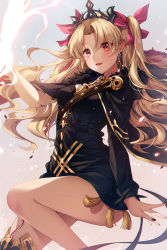 Rule 34 | 1girl, bad id, bad pixiv id, belt, black dress, black nails, blonde hair, breasts, cape, dress, earrings, ereshkigal (fate), fate/grand order, fate (series), fur collar, gold trim, grey background, hair ribbon, highres, jewelry, long hair, looking at viewer, magic, medium breasts, nail polish, open mouth, parted bangs, red eyes, ribbon, single thighhigh, skull, smile, solo, thighhighs, thighs, tiara, ttosom, two side up, wavy hair
