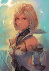 Rule 34 | 1girl, ashelia b&#039;nargin dalmasca, blonde hair, breasts, brooch, collar, detached sleeves, dress, expressionless, final fantasy, final fantasy xii, hungry clicker, jewelry, lips, looking at viewer, medium breasts, short hair, sleeveless, sleeveless dress, solo, square enix, swept bangs, traditional media, yellow eyes